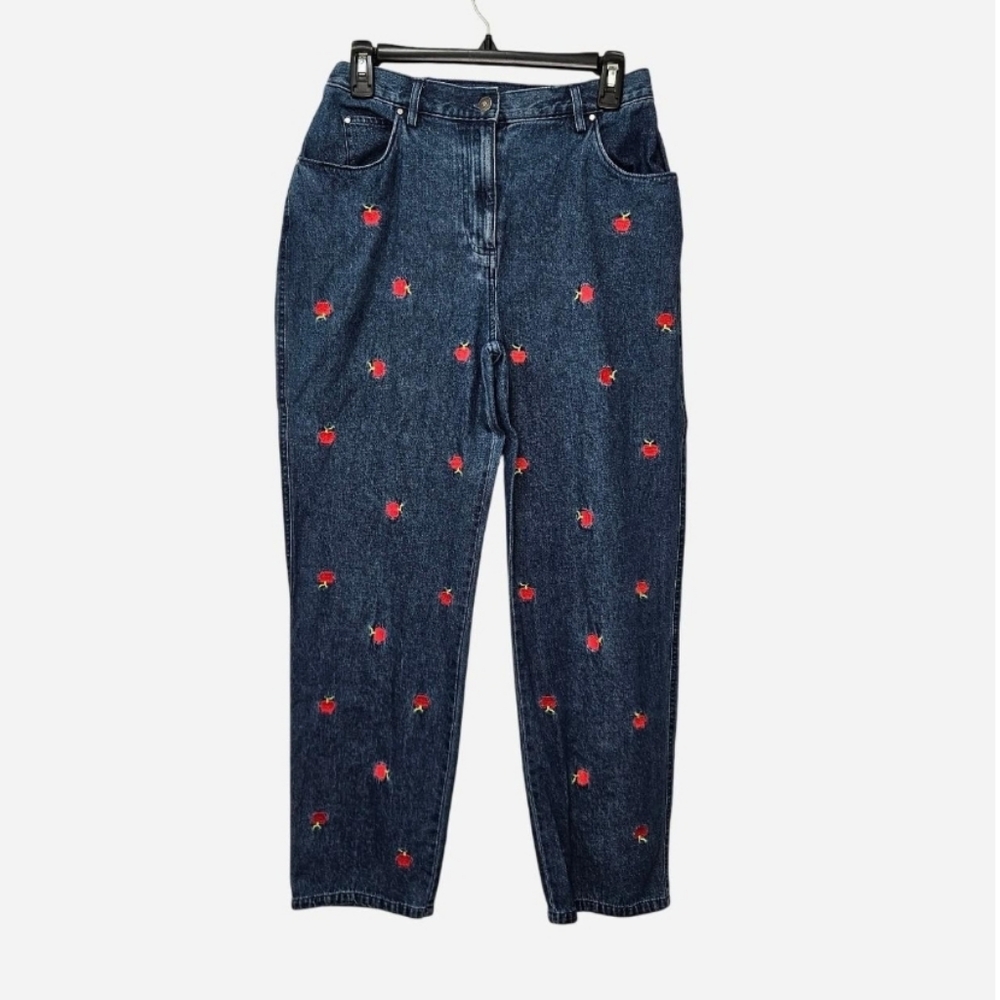 Breckenridge Blue and embroidered red apples Denim Jeans Women's Size 6 Petite